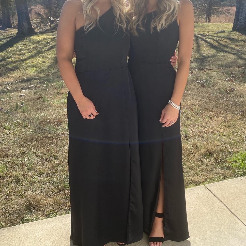 Haley Paige Black One Shoulder Bridesmaids Dress with Slit